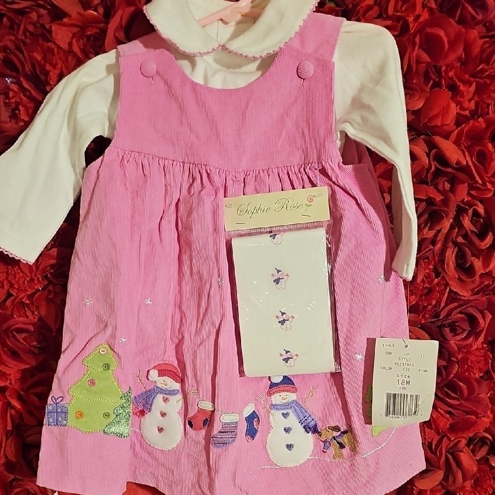 Girls NWTPink Snowman Dress with White Top & Tights Size 18 Months **SEE PICS**